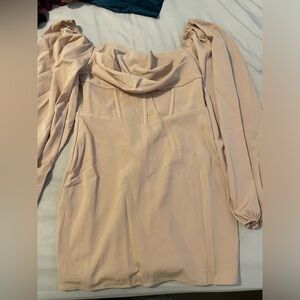 Lillie Long Sleeve Mini Dress Beige- Princess Polly